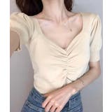 ベージュ | シャーリング半袖サマーニット ハートネック パフスリーブ | Riff