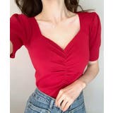 レッド | シャーリング半袖サマーニット ハートネック パフスリーブ | Riff