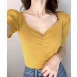 イエロー | シャーリング半袖サマーニット ハートネック パフスリーブ | Riff