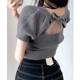 グレー | 後ろリボントップス スクエアネック半袖ニット サマーニット | Riff