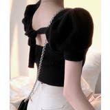 ブラック | 後ろリボントップス スクエアネック半袖ニット サマーニット | Riff