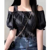 ブラック | オフショルダーシャーリングトップス フリル パフスリーブ | Riff