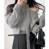 グレー | マフラー付きニット セーター ワンショルダー | Riff