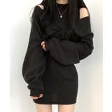 ブラック | ハイネックノースリーブワンピース+オフショルダーショートニット レイヤード | Riff