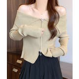 ベージュ | オフショルダブルジップリブニット リブ編み セーター | Riff