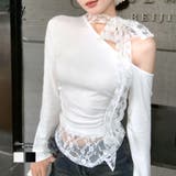 ワンショルリボンレース切り替えトップス カットソー Tシャツ | Riff | 詳細画像1 