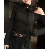 ブラック | ワンショルリボンレース切り替えトップス カットソー Tシャツ | Riff