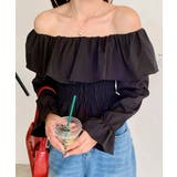 ブラック | オフショルフリルシャーリングトップス パフスリーブ ペプラム | Riff
