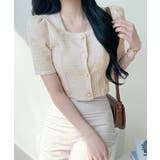 ベージュ | ショート丈ツイードジャケット 半袖 ノーカラージャケット | Riff