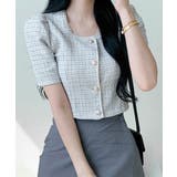 ブルー | ショート丈ツイードジャケット 半袖 ノーカラージャケット | Riff