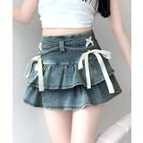 リボンデニムフリルミニスカート インナーパンツ付き ティアード | Riff | 詳細画像2 