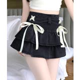 ブラック | リボンデニムフリルミニスカート インナーパンツ付き ティアード | Riff