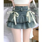 ブルー | リボンデニムフリルミニスカート インナーパンツ付き ティアード | Riff