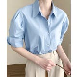 サックス | 折り返しタックスリーブ半袖シャツ オープンカラー ブラウス | Riff