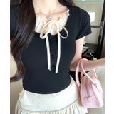 フェイクレイヤード胸リボントップス 半袖 重ね着風 | Riff | 詳細画像14 