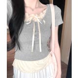 フェイクレイヤード胸リボントップス 半袖 重ね着風 | Riff | 詳細画像9 