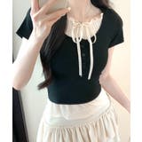 ブラック | フェイクレイヤード胸リボントップス 半袖 重ね着風 | Riff