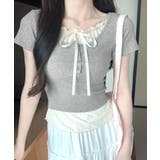 グレー | フェイクレイヤード胸リボントップス 半袖 重ね着風 | Riff