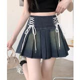 ダークブルー | レースアップリボンデニムミニスカート インナーパンツ付き プリーツスカート | Riff