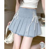 サックス | レースアップリボンデニムミニスカート インナーパンツ付き プリーツスカート | Riff
