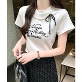 アイボリー | パールリボン付き半袖ロゴTシャツ チャーム付き クルーネック | Riff