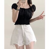 オフショルシャーリング半袖トップス パフスリーブ リボン | Riff | 詳細画像21 