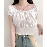 オフショルシャーリング半袖トップス パフスリーブ リボン | Riff | 詳細画像3 