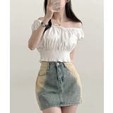 オフショルシャーリング半袖トップス パフスリーブ リボン | Riff | 詳細画像8 