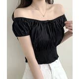ブラック | オフショルシャーリング半袖トップス パフスリーブ リボン | Riff