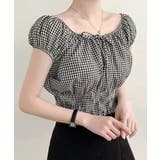 チェック | オフショルシャーリング半袖トップス パフスリーブ リボン | Riff