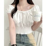 オフホワイト | オフショルシャーリング半袖トップス パフスリーブ リボン | Riff