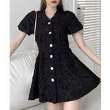 ブラック | バックオープン花柄エンボスミニワンピース ウエスト見せ ジャガード | Riff