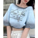 ブルー | スプレー加工裾ドロストロゴプリントTシャツ ワンショル 英字プリント | Riff