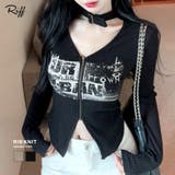 ネックベルトフロントジップ長袖トップス チョーカー プリント | Riff | 詳細画像1 