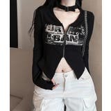 ネックベルトフロントジップ長袖トップス チョーカー プリント | Riff | 詳細画像7 