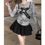 サイドシャーリングクロス柄長袖トップス 肩ベルト付き ロンT | Riff | 詳細画像14 