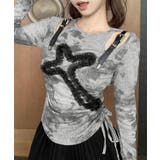 サイドシャーリングクロス柄長袖トップス 肩ベルト付き ロンT | Riff | 詳細画像3 