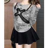 サイドシャーリングクロス柄長袖トップス 肩ベルト付き ロンT | Riff | 詳細画像4 