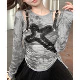 サイドシャーリングクロス柄長袖トップス 肩ベルト付き ロンT | Riff | 詳細画像9 