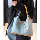 ブルー | 異素材切り替えトートバッグ リボン ハンドバッグ | Riff