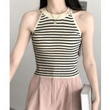 ベージュ | ホルターネックボーダーニットタンクトップ リブニット バイカラー | Riff
