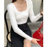 ホワイト | スクエアネックリブトップス リブニット 薄手ニット | Riff