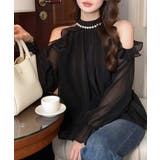 ブラック | パールネックオープンショルダーシフォンブラウス フリル 肩開き | Riff