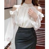 ホワイト | パールネックオープンショルダーシフォンブラウス フリル 肩開き | Riff