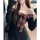 チェックリボンオフショルトップス オフショルダー Tシャツ | Riff | 詳細画像8 