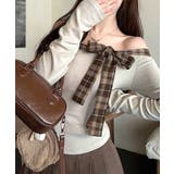 グレージュ | チェックリボンオフショルトップス オフショルダー Tシャツ | Riff