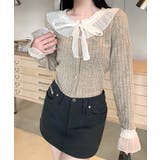 ベージュ | シフォンブラウスレイヤード風ニット カーディガン フリル | Riff