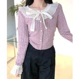 ピンク | シフォンブラウスレイヤード風ニット カーディガン フリル | Riff