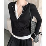 ブラック | ヘンリーネックレイヤード風トップス フェイクレイヤード ドッキング | Riff