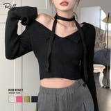 [2点セット] チョーカーリボン付きショート丈リブニット クロップド丈 | Riff | 詳細画像1 